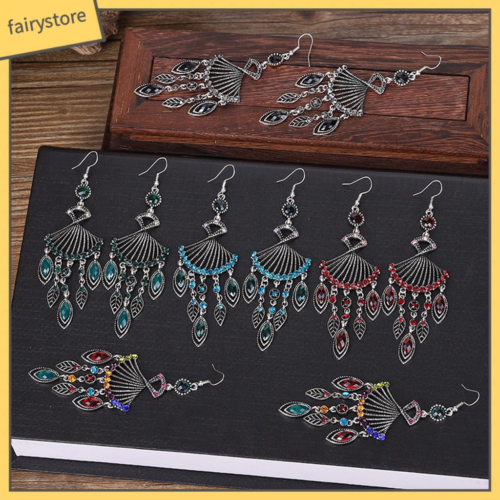 1 Đôi Bông Tai Dáng Dài Hình Quạt Đính Pha Lê Giả Phong Cách Bohemian Thời Trang Cho Nữ