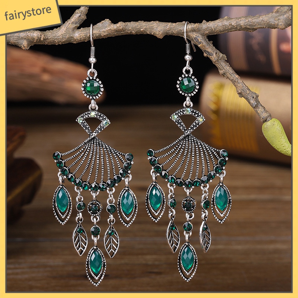 1 Đôi Bông Tai Dáng Dài Hình Quạt Đính Pha Lê Giả Phong Cách Bohemian Thời Trang Cho Nữ