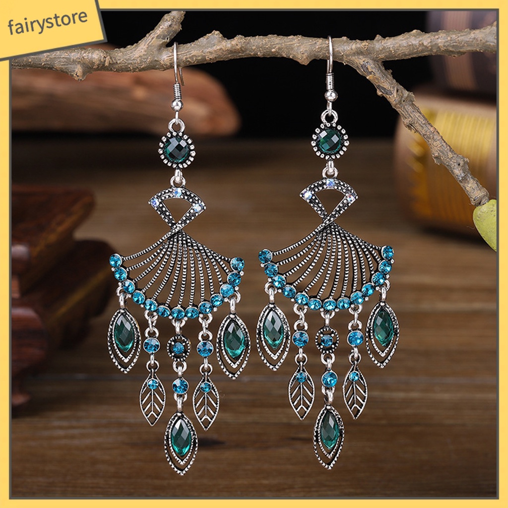 1 Đôi Bông Tai Dáng Dài Hình Quạt Đính Pha Lê Giả Phong Cách Bohemian Thời Trang Cho Nữ