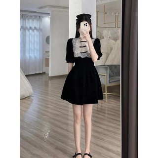 Phụ Nữ Khóa Nhỏ Đen Pháp Phong Cách Mới Váy Cao Cấp Cảm Giác Cung Điện Phong Cách Đầm Xuân Hè Nhung Retro Ren Khâu 5FAT