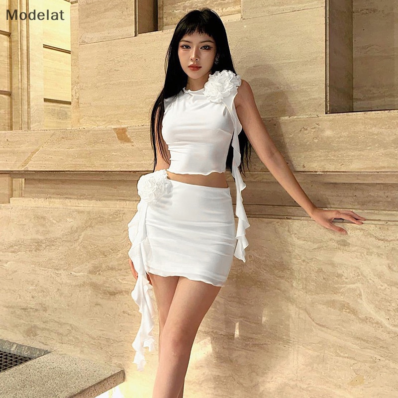 Mfc Bộ Áo Croptop Sát Nách Xếp Ly Phối Chân Váy Ngắn Phong Cách Retro Đường Phố Hàn Quốc Thời Trang Mùa Hè Cho Nữ