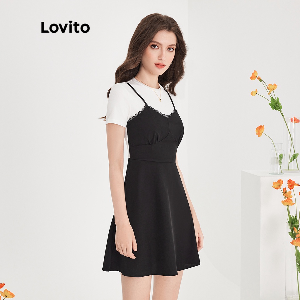 Đầm mini Lovito kiểu chữ A tay ngắn cổ tròn ghép nối màu trơn thường ngày cho nữ L51ED120 (Màu đen và trắng)