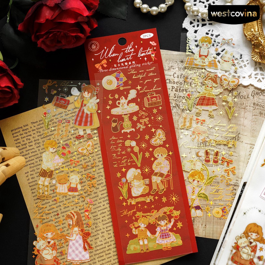 [WSTN]✎Bộ 3 Tấm Hình Dán 3D Phong Cách Vintage Trang Trí Sổ Tay