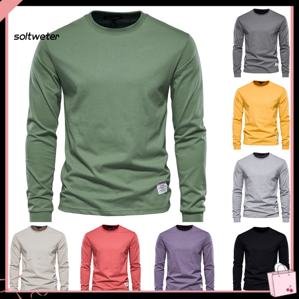 Áo Thun Cotton Tay Dài Cổ Tròn Màu Trơn Thoải Mái Chống Dầu Thời Trang Mùa Thu Cho Nam