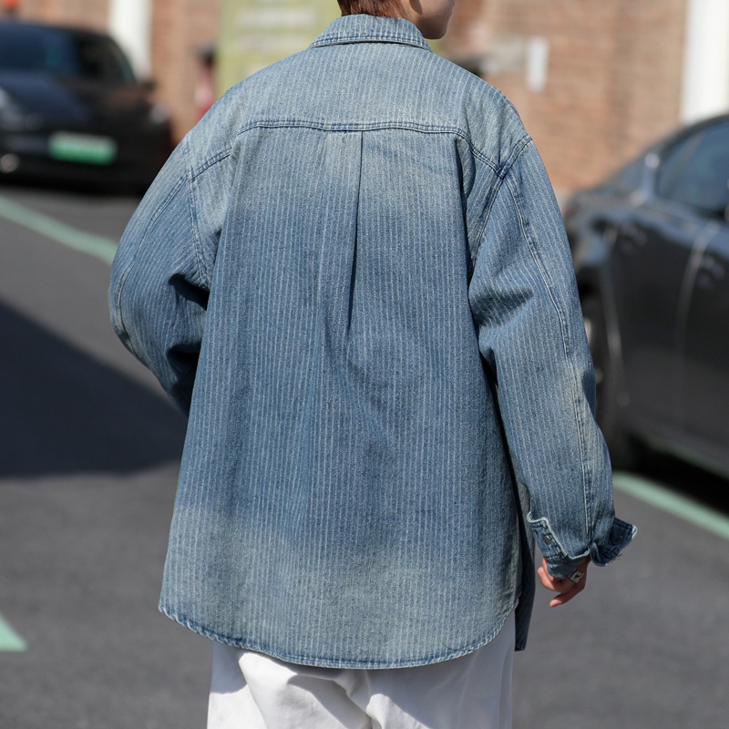 Áo Khoác Denim Kẻ Sọc Dọc Dáng Rộng Kiểu Đường Phố Mỹ Thời Trang Xuân Thu Cho Nam