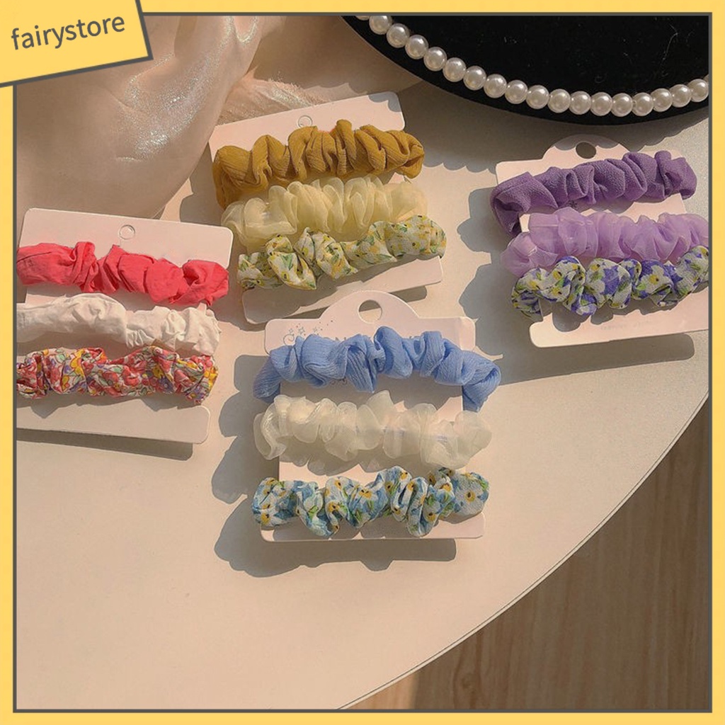 Set 3 Dây Buộc Tóc Cao Su Bọc Vải Chiffon Co Giãn In Họa Tiết Hoa Tươi Mới