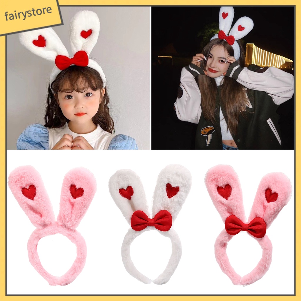 Băng Đô Cài Tóc Tai Thỏ Bằng Vải Bông Mềm Mại Co Giãn Đính Nơ In Họa Tiết Trái Tim Màu Tương Phản