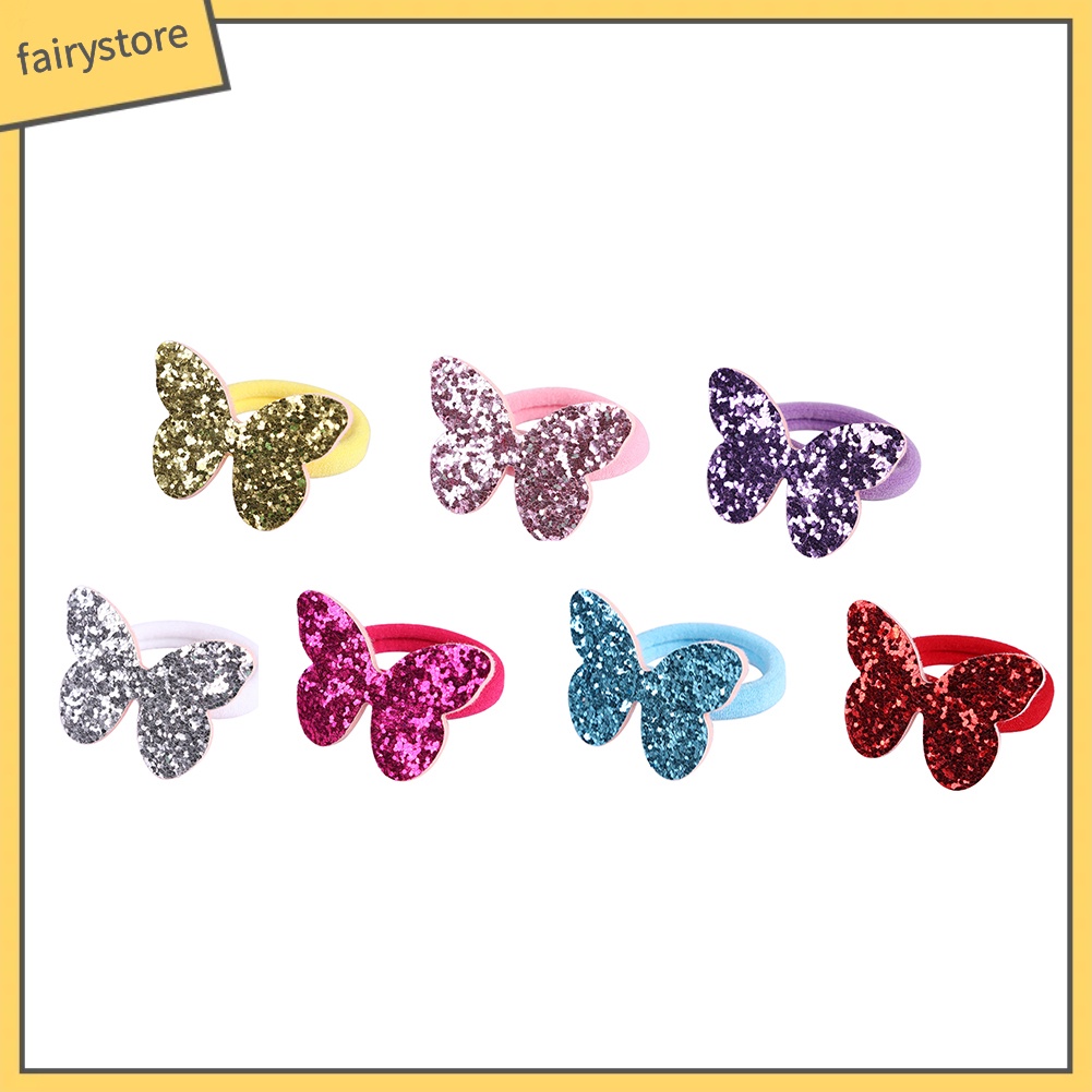 Set 7 Dây Cột Tóc Co Giãn Đính Kim Sa Hình Bướm Cho Bé Gái