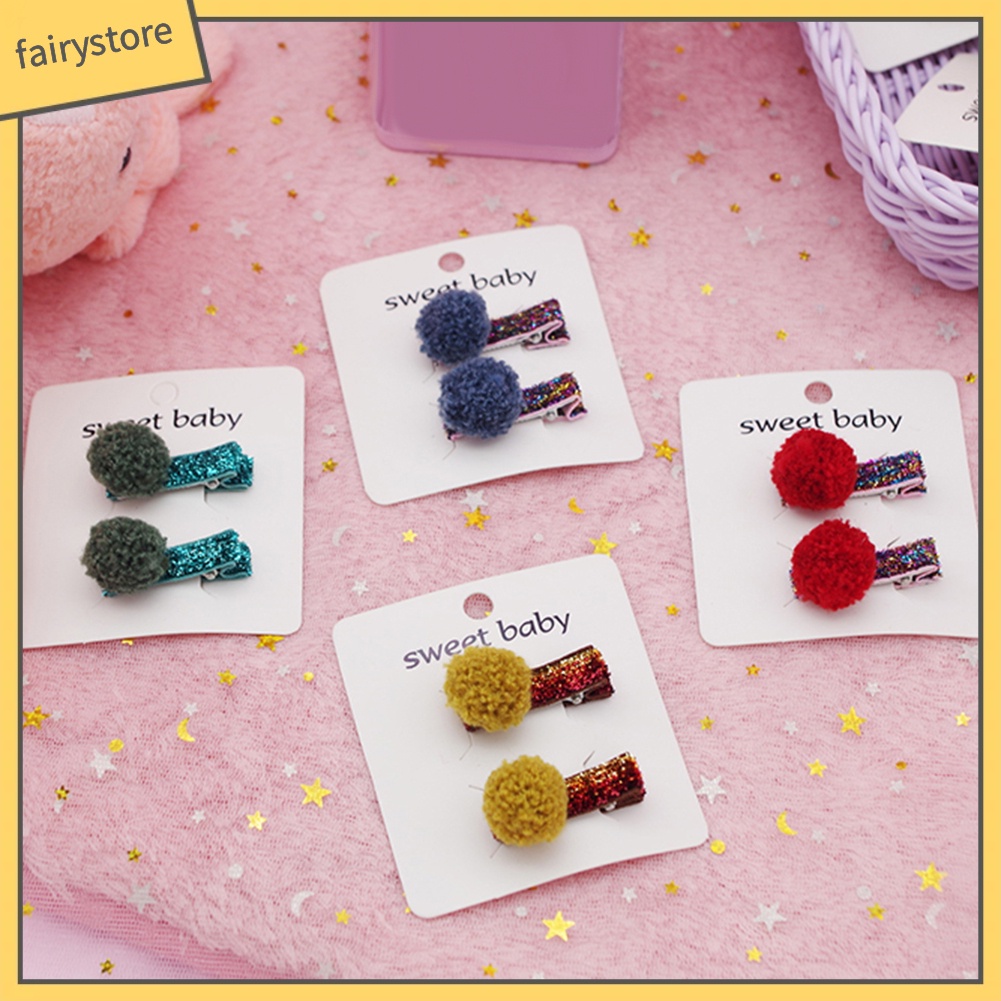 Set 2 Kẹp Tóc Mini Đính Bóng Lông Xinh Xắn Cho Bé Gái