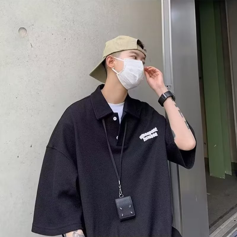 Áo Thun Polo Ngắn Tay Dáng Rộng Thêu Họa Tiết Đơn Giản Phong Cách Đường Phố Mỹ Thời Trang Mùa Hè Cho Nam