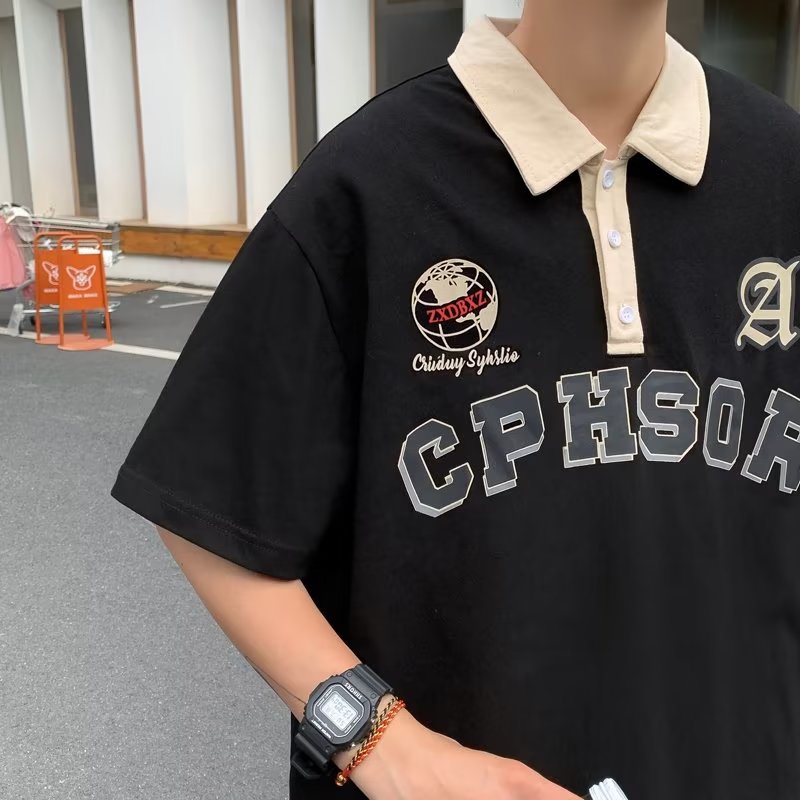 Áo Thun POLO Tay Ngắn Dáng Rộng In Chữ Phong Cách Đường Phố Mỹ Cá Tính Cho Nam