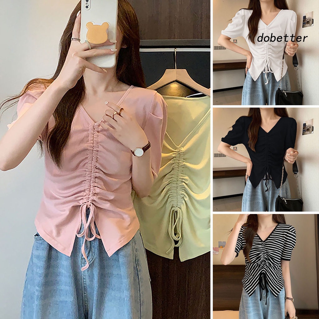 Áo Thun Tay Ngắn Cổ Chữ V Màu Trơn Phối Dây Rút Thời Trang Mùa Hè Cho Nữ