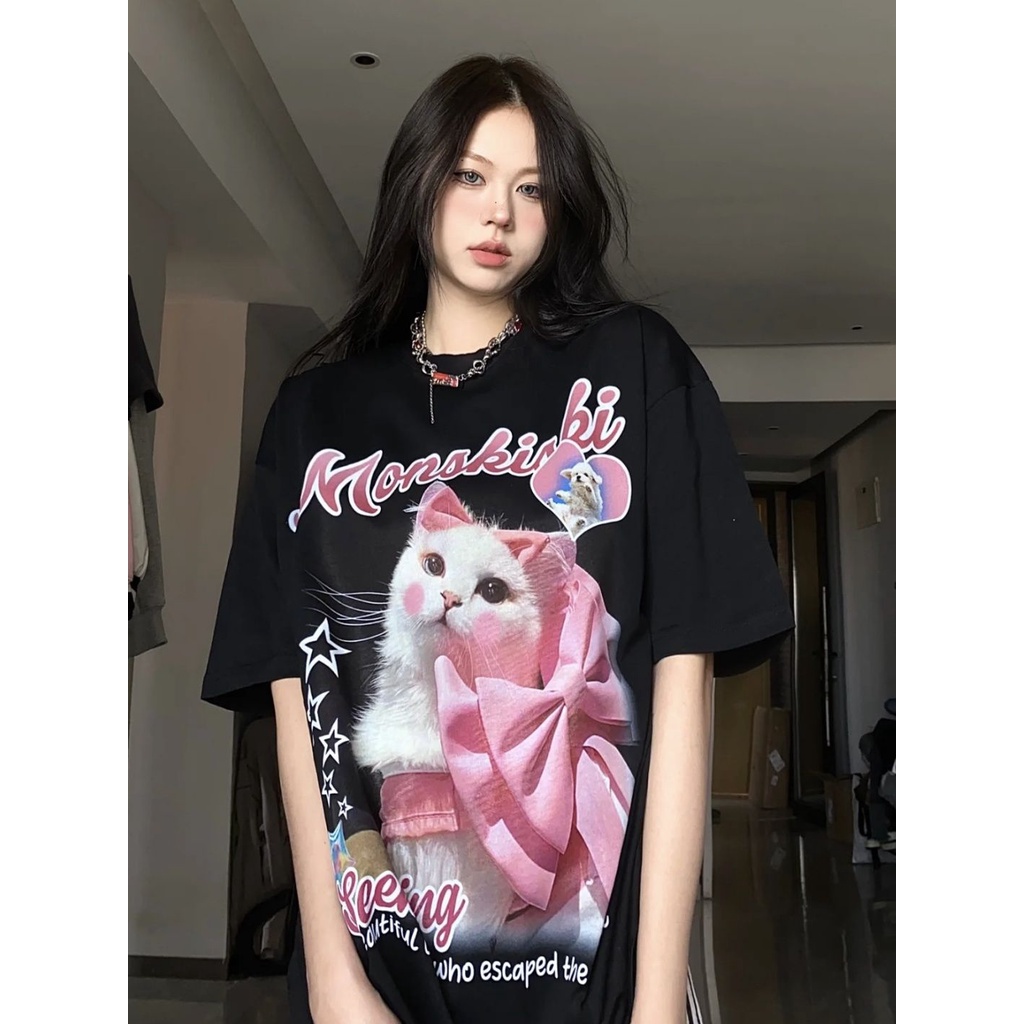 Áo Thun Tay Ngắn Dáng Rộng In Hình Mèo Dễ Thương Thời Trang Mùa Hè Cho Nữ