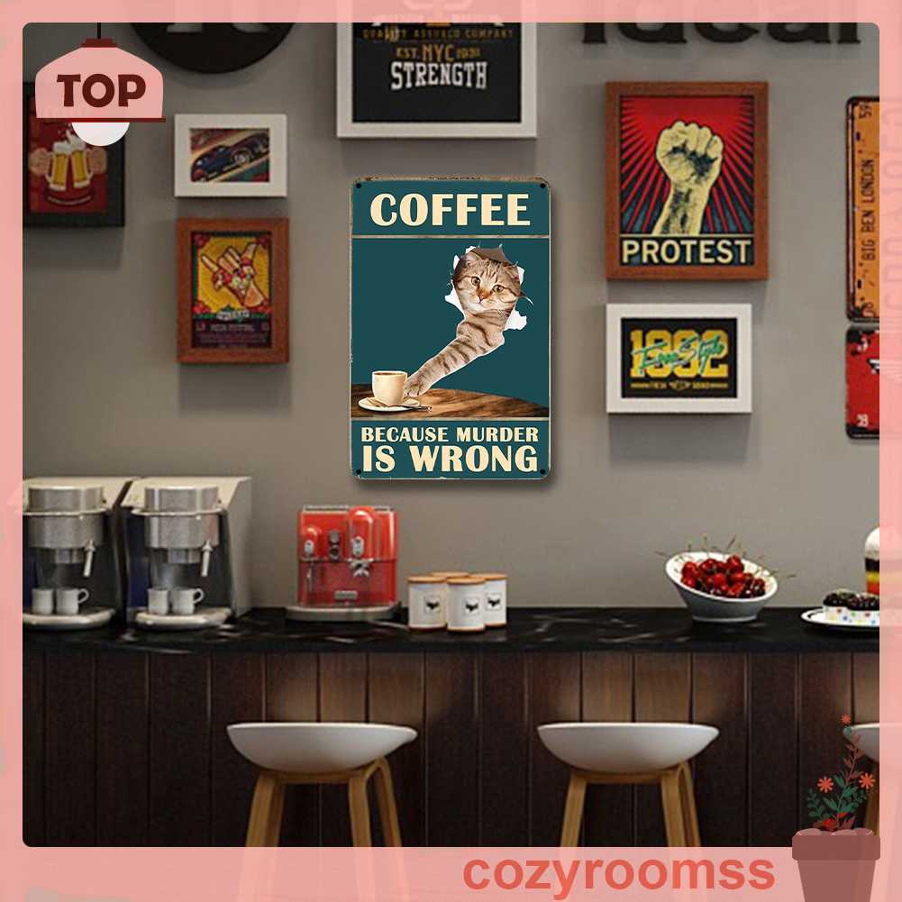 Bảng Kim Loại Hình Chữ Nhật Vẽ Hình Mèo Uống Cà Phê Trang Trí Tường Nhà Để Xe