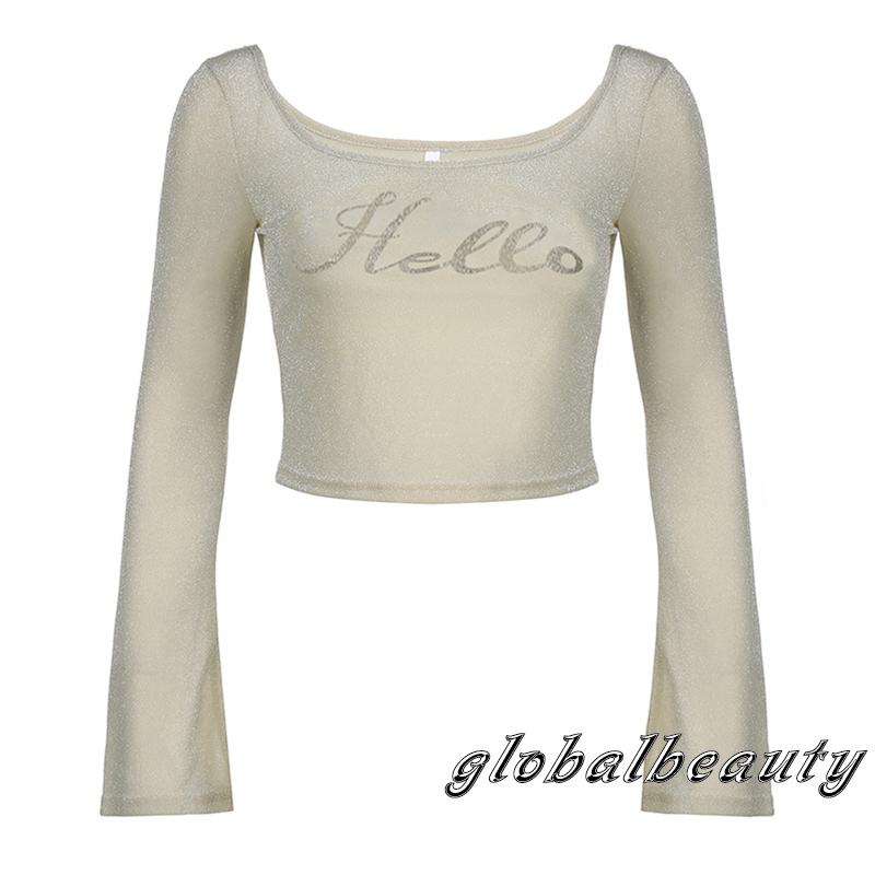 Áo Thun Croptop Dài Tay Đính Kim Sa Ôm Dáng Thời Trang Xuân Hè Cho Nữ