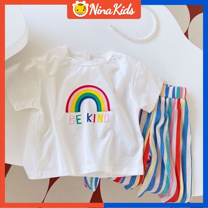 Bộ Áo Thun Màu Cầu Vồng Phối Quần Dài Thời Trang Dễ Thương Cho Bé Gái 2-9 Tuổi