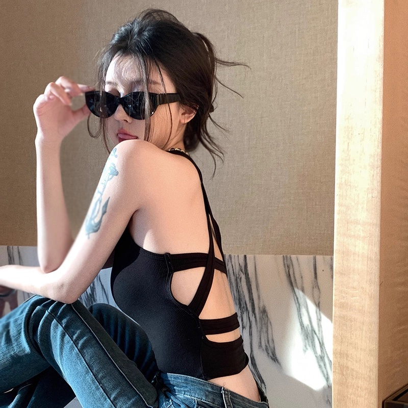 Áo Croptop Cotton Hai Dây Có Mút Đệm Ngực Hở Lưng Màu Trơn Phong Cách Mỹ Quyến Rũ Dành Cho Nữ