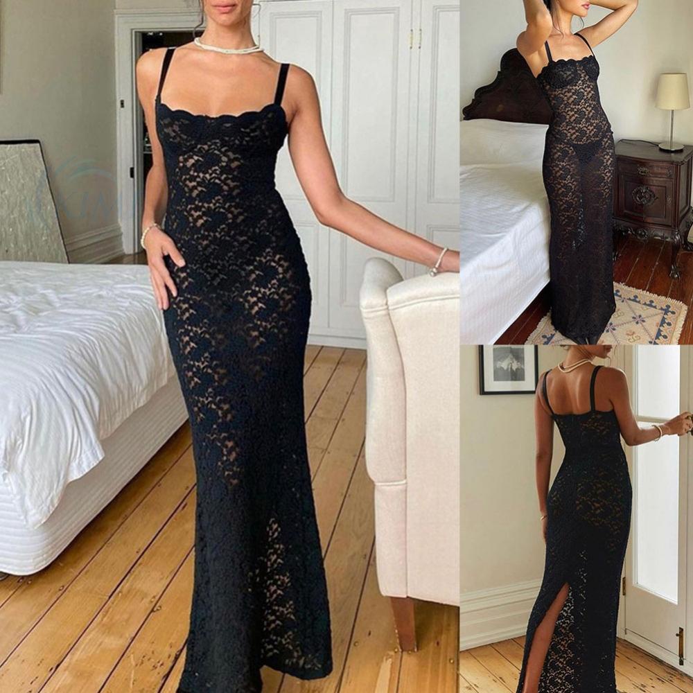 KIMI-Elegant Black Lace Maxi Sundress for Women with Sexy Transparent Lace Design and Side Split