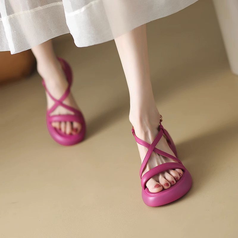 Duoya Tóc Thẳng ~ [Hàng Có Sẵn] Giày Sandal Cao Gót Hở Ngón Đế Dày Quai Chéo Bằng Da Thật Mềm Mại Mùa Hè Cho Nữ Miễn Phí Vận Chuyển