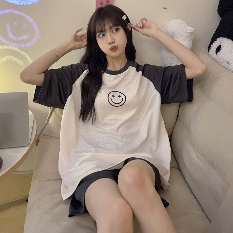 Bộ Đồ Ngủ Ngắn Tay Dáng Rộng In Hoạt Hình Mặt Cười Waffle Dễ Thương Thời Trang Mùa Hè Cho Nữ