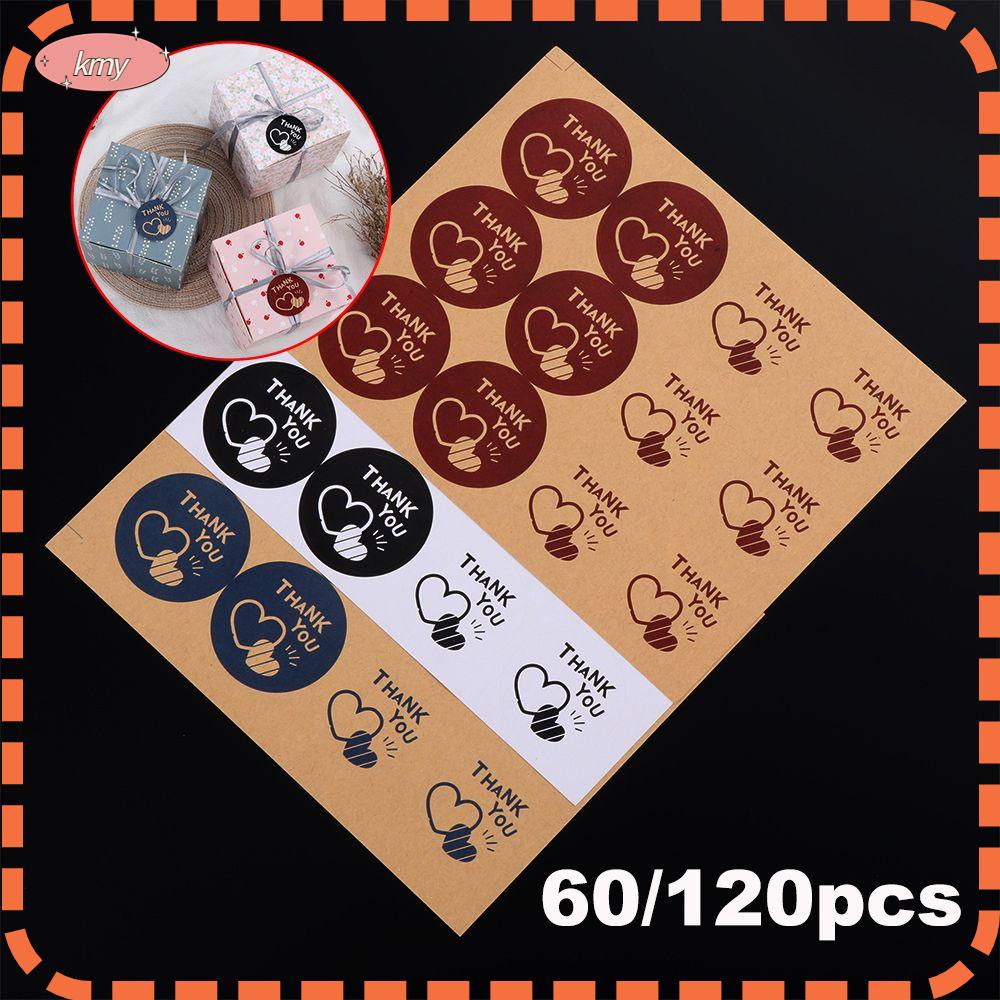 Set 60/120 nhãn dán tròn họa tiết trái tim và chữ "Thank You" trang trí đa năng