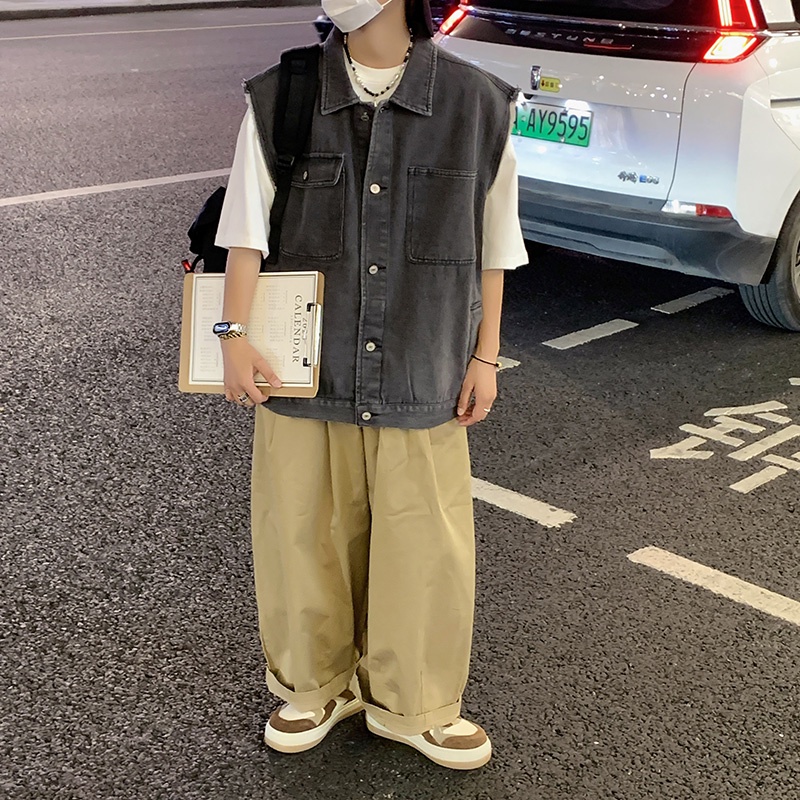 Áo Khoác Denim Sát Nách Phối Túi Phong Cách Retro Cho Nam