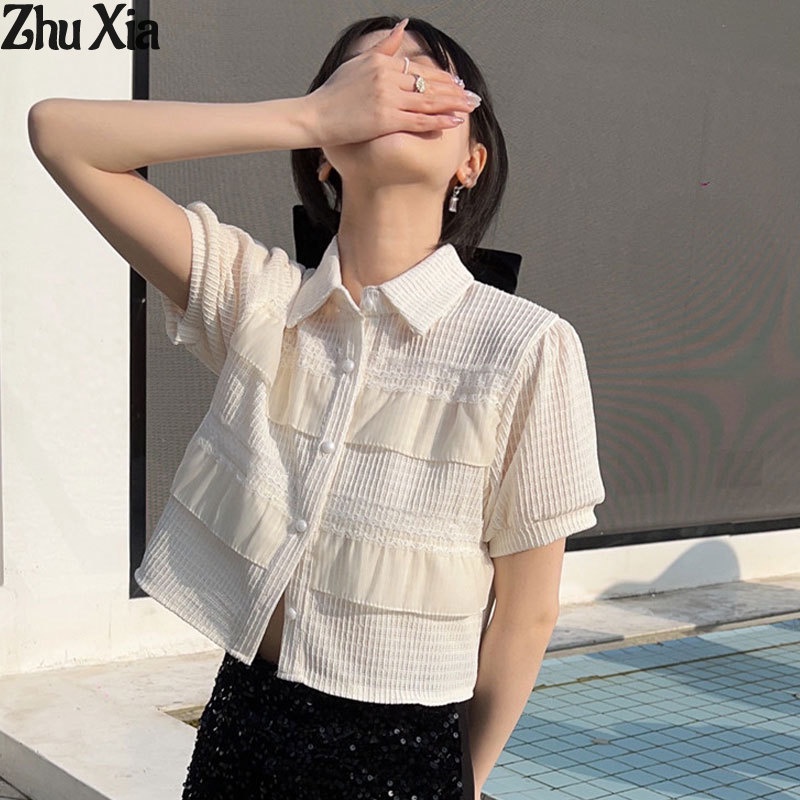 ZhuXia Áo Sơ Mi Tay Ngắn Cổ POLO Phối Ren Màu Sắc Ngọt Ngào Phong Cách Hàn Quốc Thời Trang Mùa Hè 2023 Cho Nữ