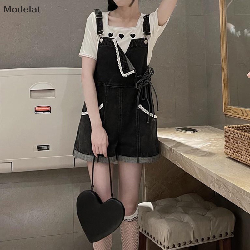 Mfc Quần Yếm Denim Lưng Cao Dáng Rộng Cột Dây Phong Cách Lolita Đáng Yêu Cho Nữ
