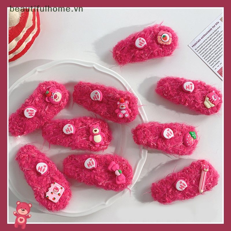 [beautifulhome] Kẹp Tóc Mái Bằng Lông Giả Họa Tiết Dâu Tây / Gấu Hoạt Hình Dễ Thương Ngọt Ngào Cho Nữ [Đẹp]