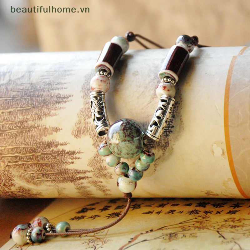 [beautifulhome] Dây Chuyền Dáng Dài Đính Hạt Gốm Sứ Handmade Truyền Thống Thời Trang Retro Trang Sức Thanh Lịch [beauty]