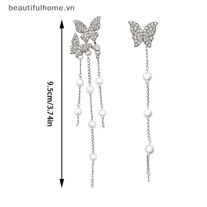 1 Đôi Bông Tai Bạc Tua Rua Hình Bướm Đính Ngọc Trai Zircon Không Đối Xứng Phong Cách Hàn Quốc Cho Nữ