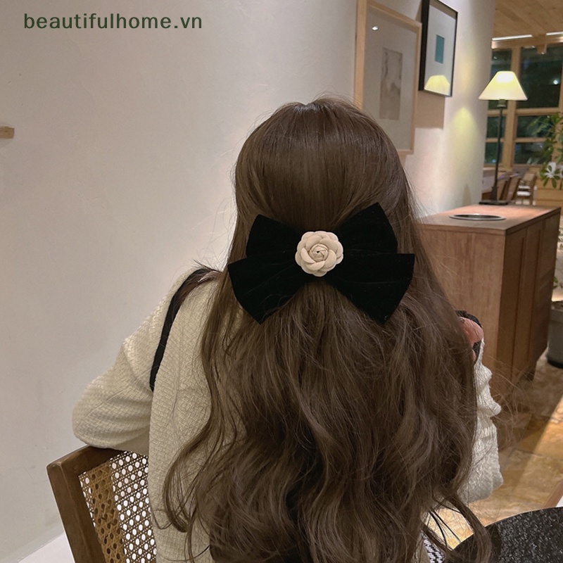 Kẹp Tóc Nơ Nhung Đen Lớn Phong Cách Vintage Cho Nữ