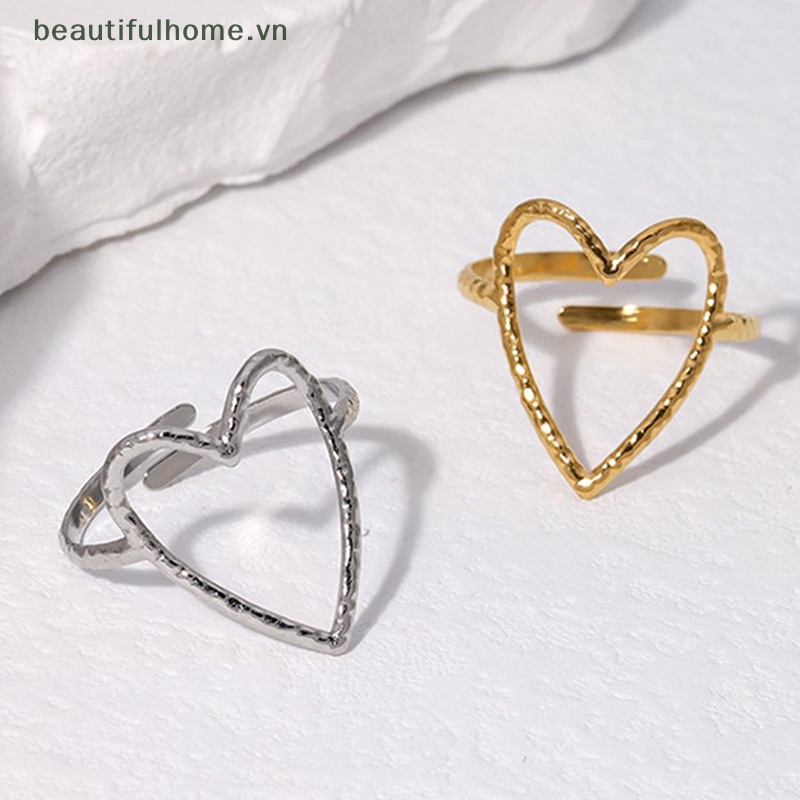Nhẫn Mở Bằng Thép Không Gỉ Hình Trái Tim Lớn Có Thể Điều Chỉnh Thời Trang Cho Cặp Đôi