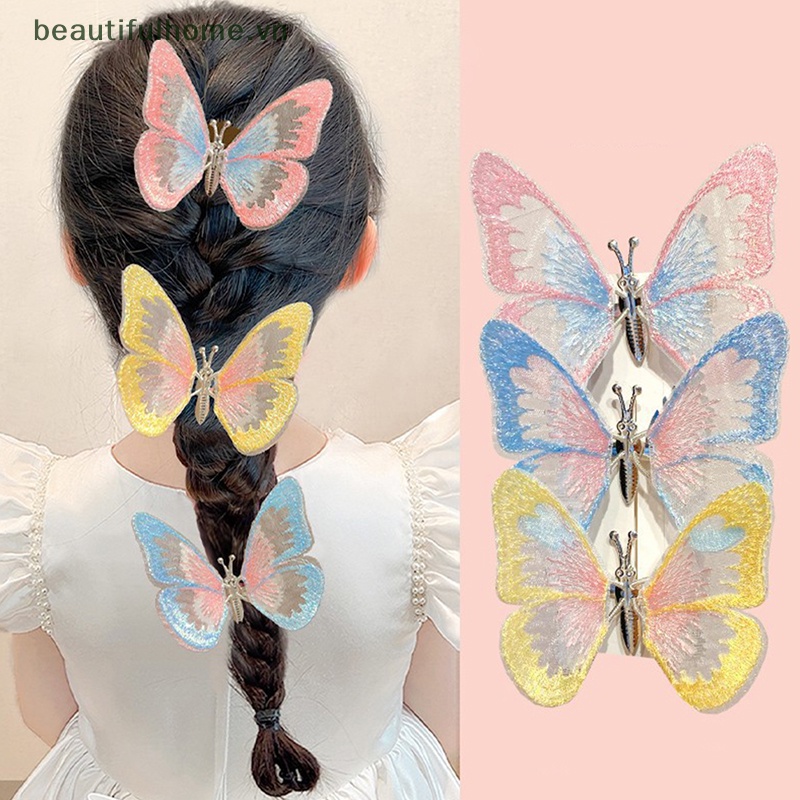 Kẹp Tóc Hình Cánh Bướm Bằng Vải Phối Ren Nhiều Màu Xinh Xắn Thời Trang Xuân Hè Cho Bé Gái