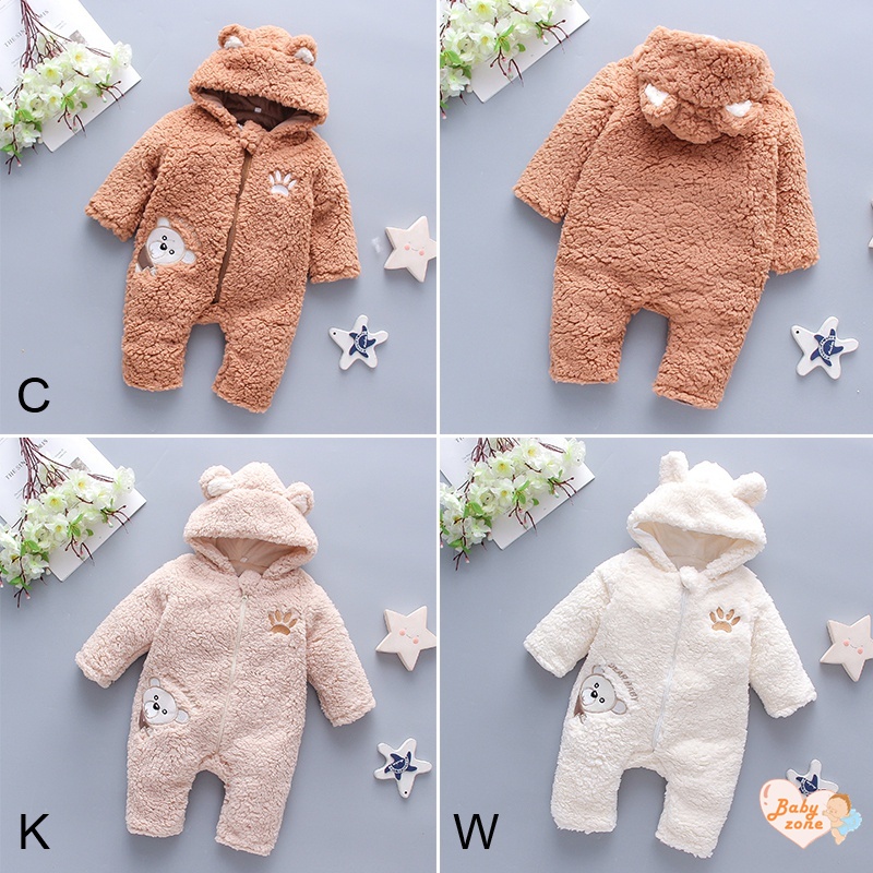 Áo Liền Quần Có Nón Bằng Lông Cừu Dày Thêu Hình Gấu Nâu Hoạt Hình Dành Cho Trẻ Sơ Sinh 0-12 Tháng Tuổi