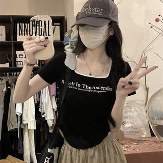 JUNNOVGAL Nữ Thời Trang Mới In Chữ Vuông Cổ Ngắn Slim Áo Thun Nữ Tay Ngắn