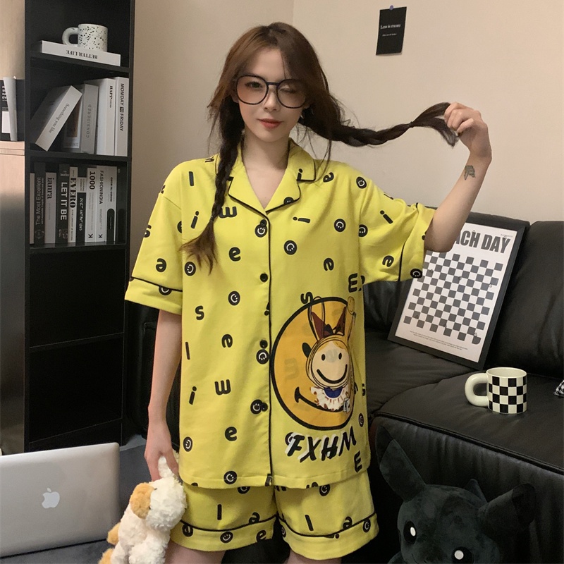 Bộ Đồ Ngủ Tay Ngắn In Họa Tiết Hoạt Hình Mặt Cười Phong Cách Hàn Quốc Thời Trang Mùa Hè Cho Nữ