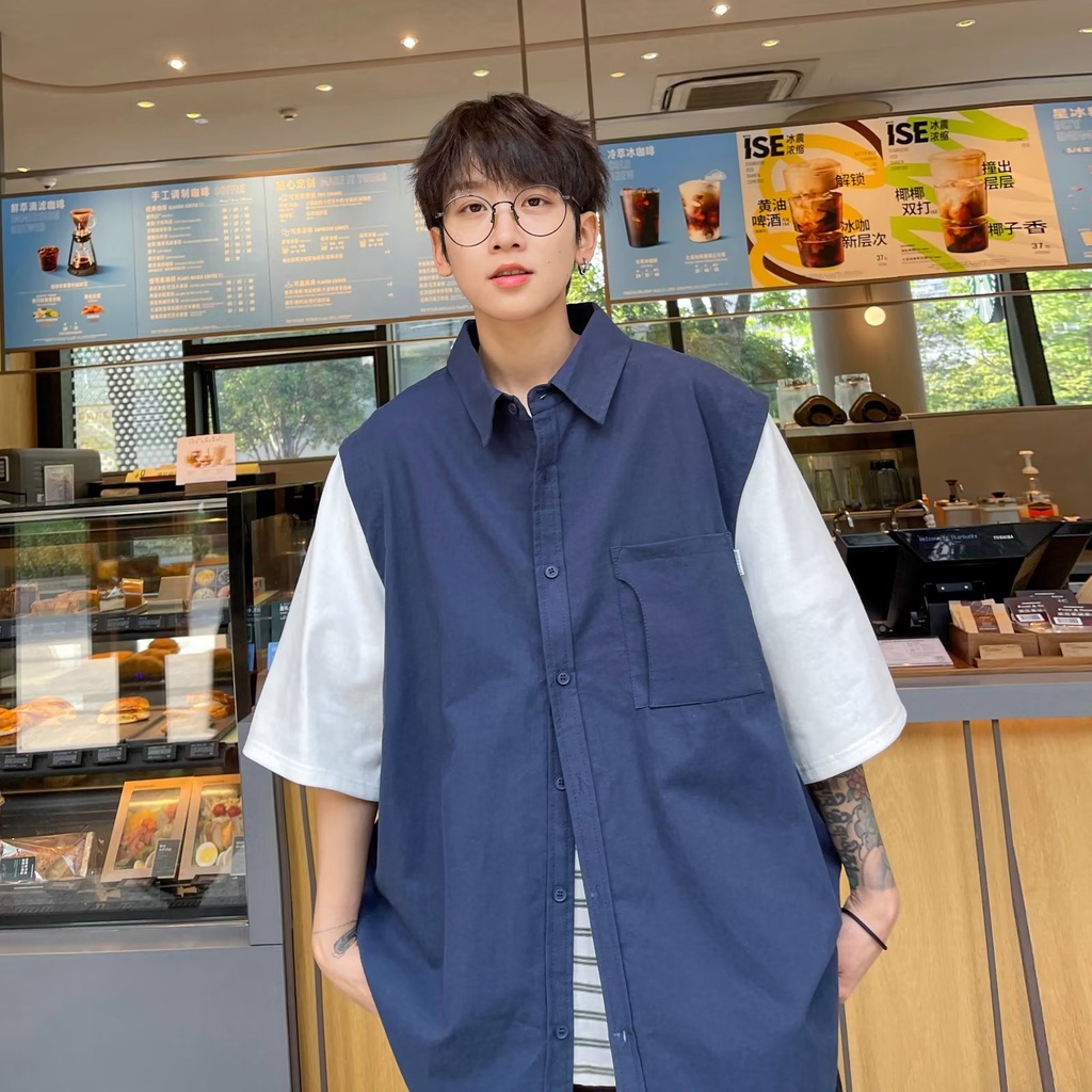 Áo Thun Ngắn Tay Giả Hai Lớp Phong Cách Nhật Bản Dành Cho Nam