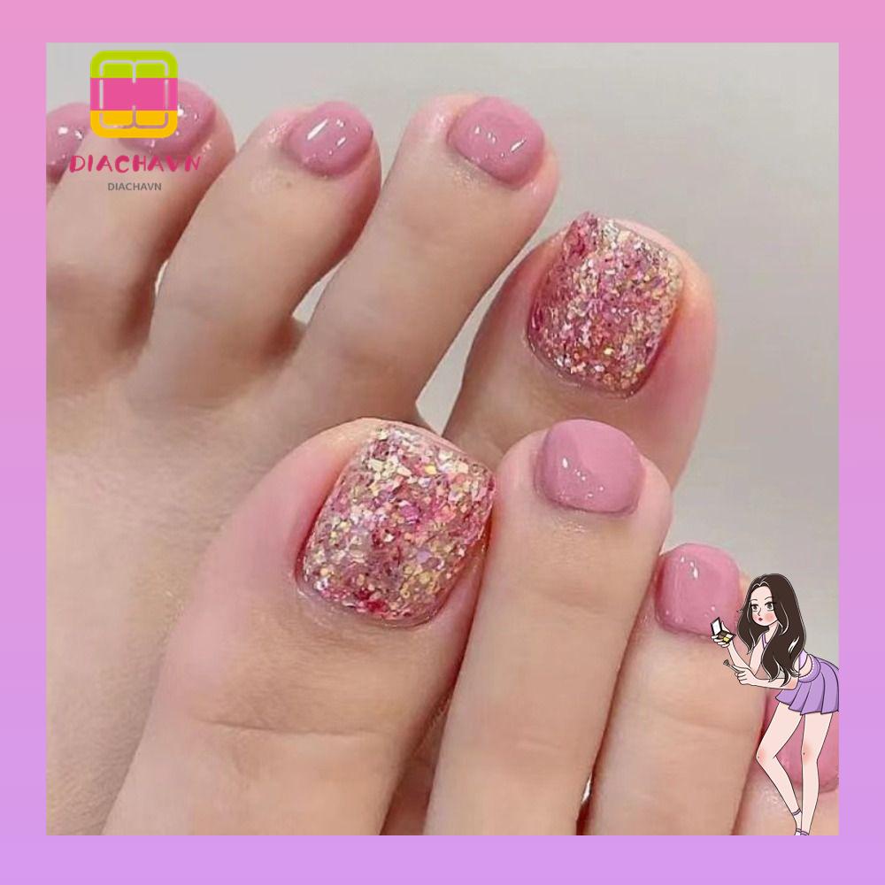 Set 24 Móng Chân Giả Hình Vuông Ngắn Phong Cách Pháp Dành Cho Nữ