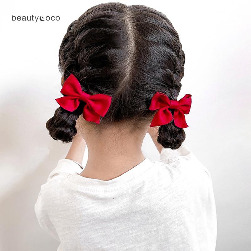Beautycoco🍊Set 2 Kẹp Tóc Nơ Màu Trơn Dễ Thương Cho Bé Gái