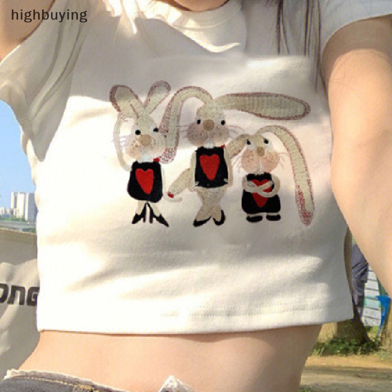 Áo Thun Lửng Ngắn Tay Cổ Tròn In Hình Thỏ Hoạt Hình Phong Cách Retro Mỹ Cho Nữ