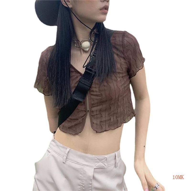 Áo Croptop Tay Ngắn Thiết Kế Xuyên Thấu Thời Trang Mùa Hè Quyến Rũ Cho Nữ