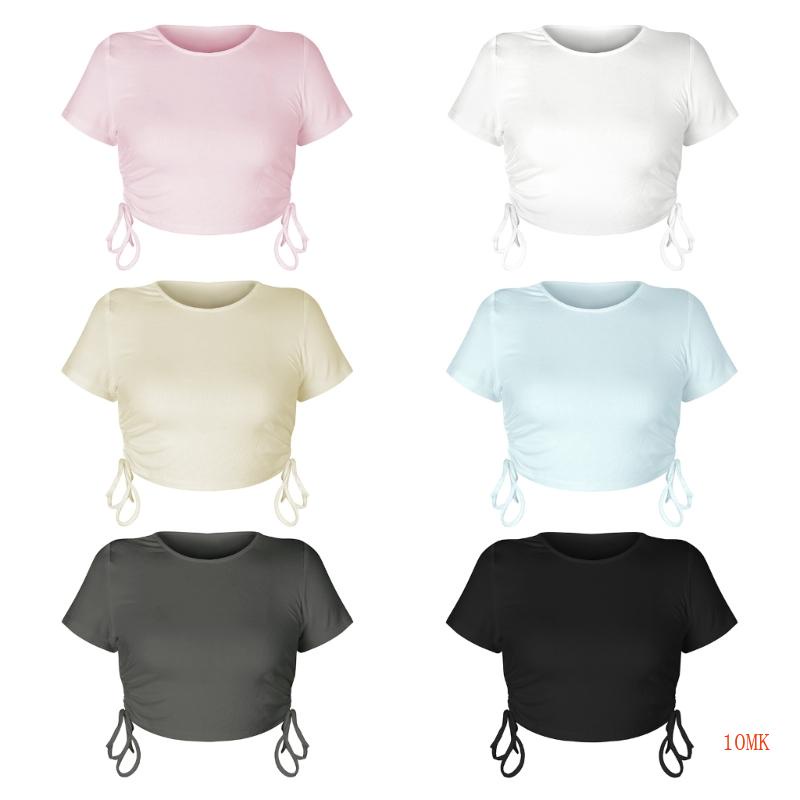 Xiangbao Áo Crop Top Dệt Kim Mỏng Tay Ngắn Cổ Tròn Dây Rút Bên Hông Màu Trơn Gợi Cảm Mùa Hè Cho Nữ