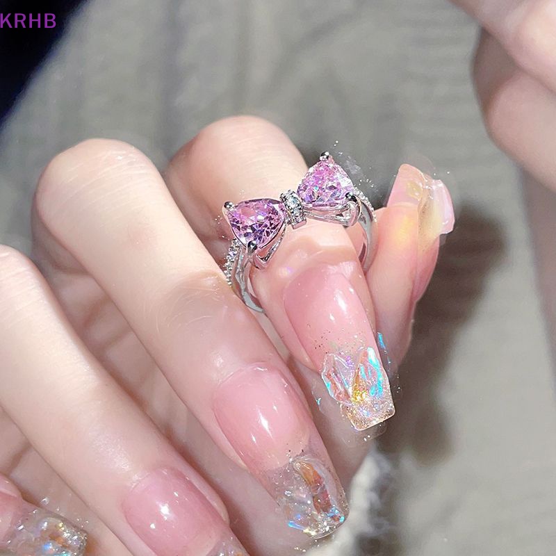 Nhẫn Hình Nơ Đính Đá Zircon Màu Hồng Xinh Xắn Cho Nữ Mới