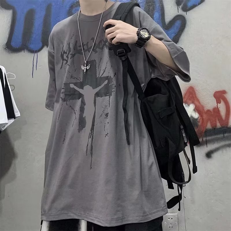 Áo Thun Tay Lỡ Dáng Rộng In Chữ Thập Phong Cách Đường Phố Thời Trang Mùa Hè Cho Nam