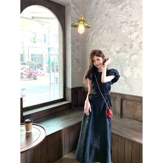 Sugemiusi Đầm Đen Tay Phồng Ôm Eo Dáng Dài Qua Gối Phong Cách Hepburn Pháp Thời Trang Mùa Hè Cho Nữ