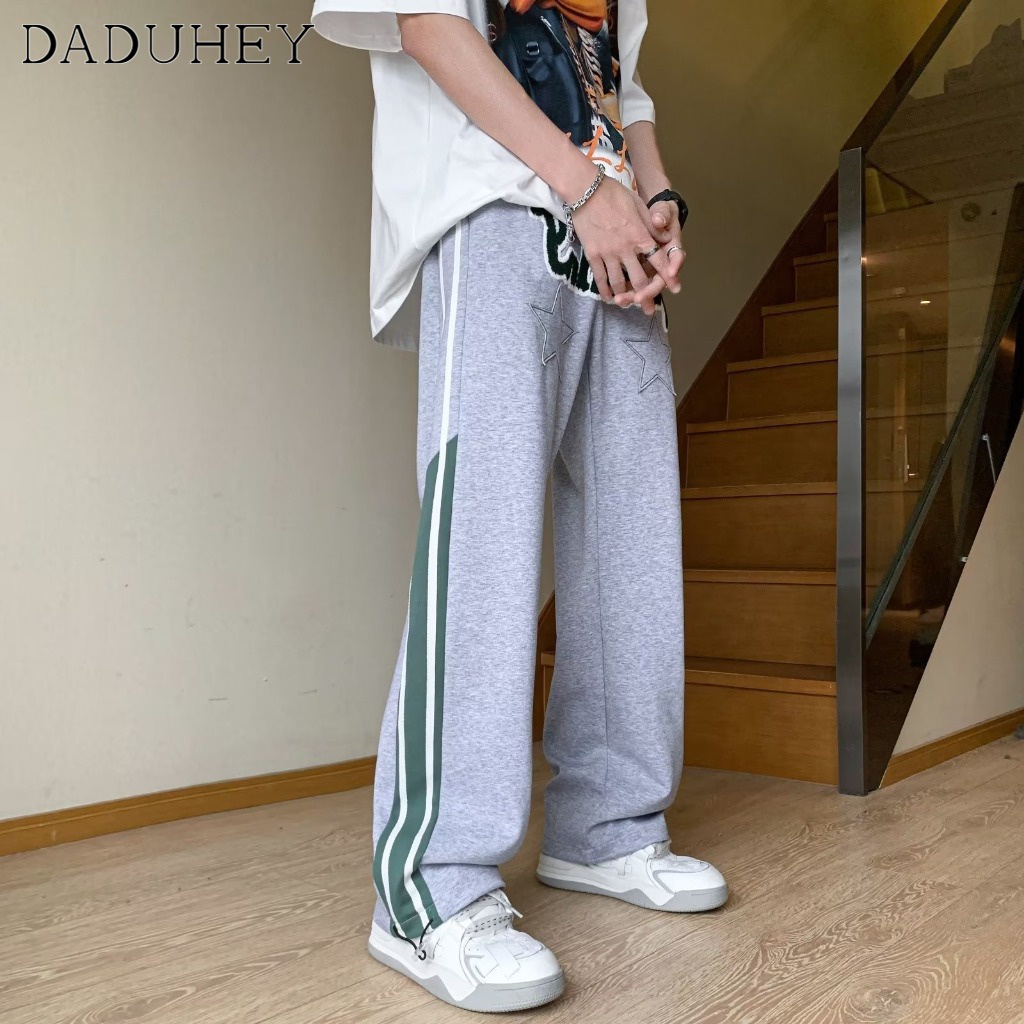 DaDuHey Men's Fashion Embroidered Casual Loose Track Pants Jogger Pants Hong Kong Style Summer Trendy Striped Casual Pants