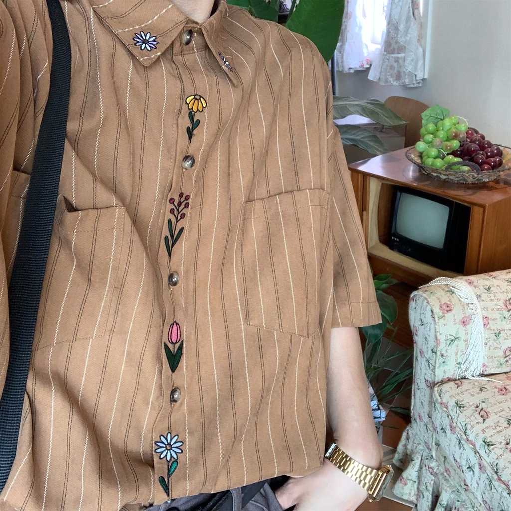 Áo Sơ Mi Ngắn Tay Họa Tiết Sọc Dọc Vintage Thời Trang Cho Nam