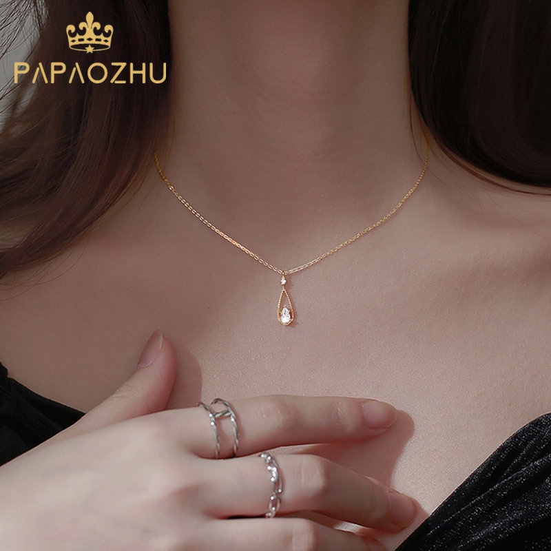 PAPAOZHU Vòng cổ Vàng 14K Mặt Hình Giọt Nước Đính Đá Zircon Thời Trang Cho Nữ