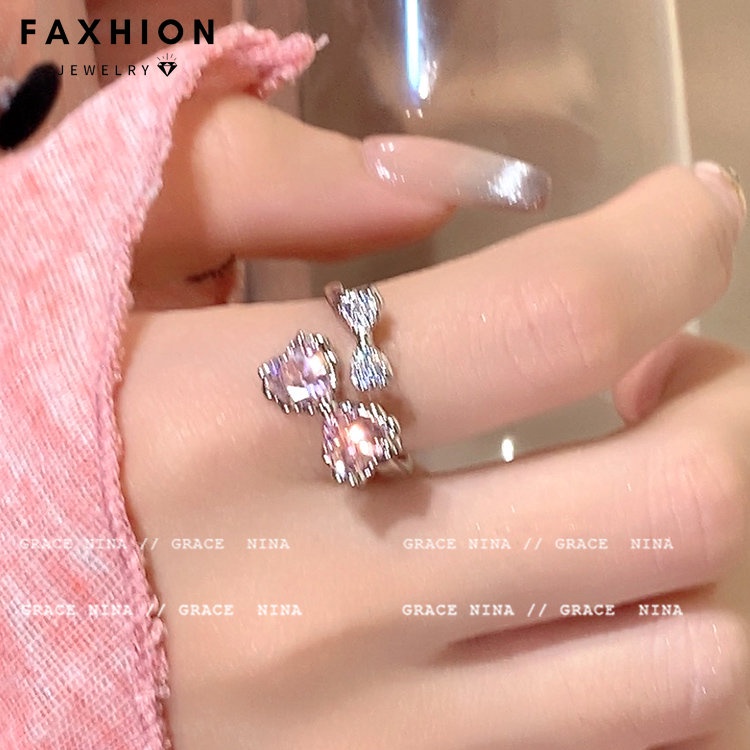 Nhẫn Titan Y2K Đính Đá Zircon Hình Nơ / Trái Tim Thời Trang Cho Nữ